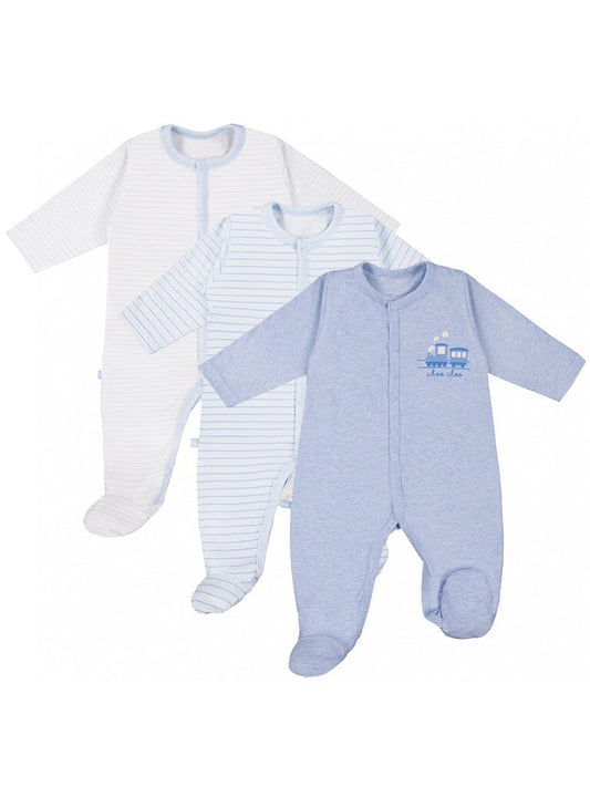 3 Pack Early Baby Footed Sleepsuits, Trains - Blue Sleepsuit / Babygrow EEVI 