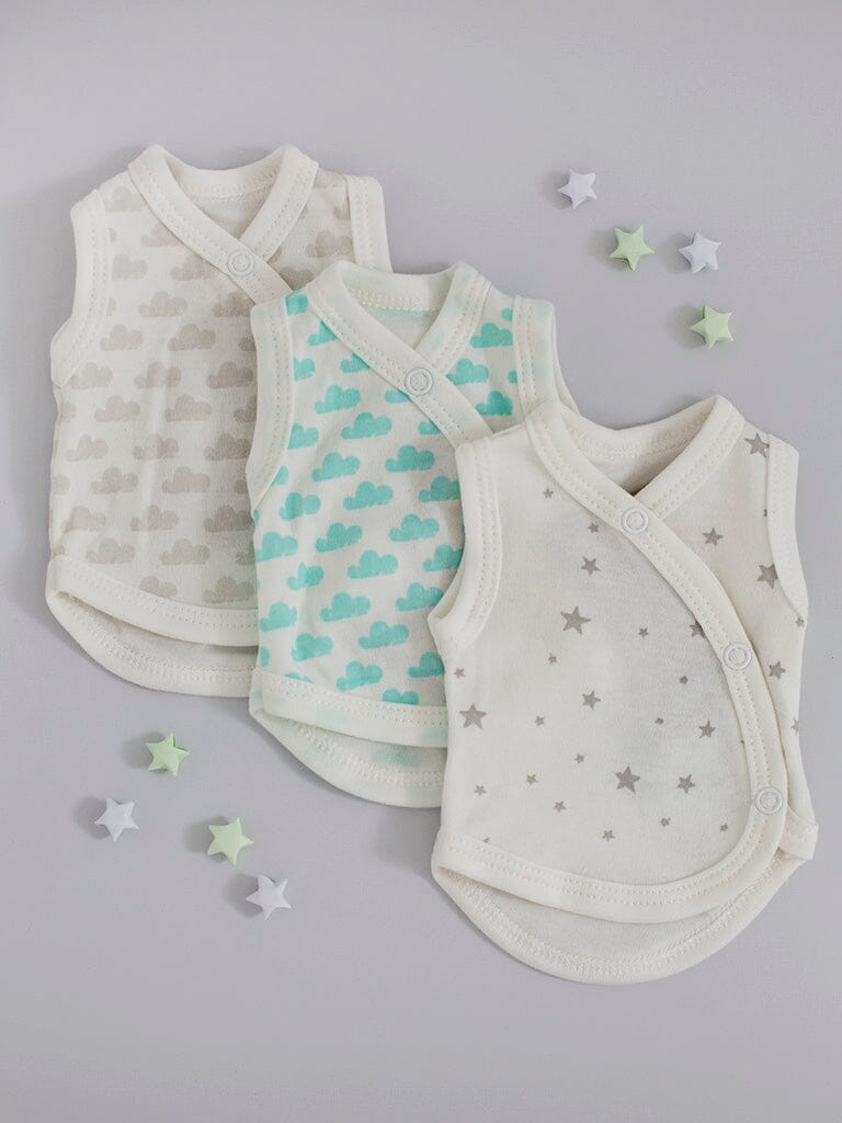 3 Pack Incubator Vest Set, Silver Stars, Silver Cloud & Mint Cloud 100% Organic Cotton Set/Multipack Tiny & Small 