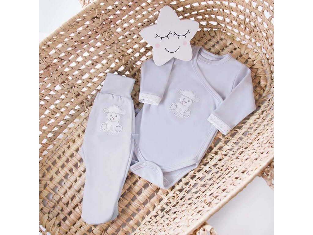 Early Baby Bodysuit, Embroidered Lamb Design - Grey Bodysuit / Vest EEVI 