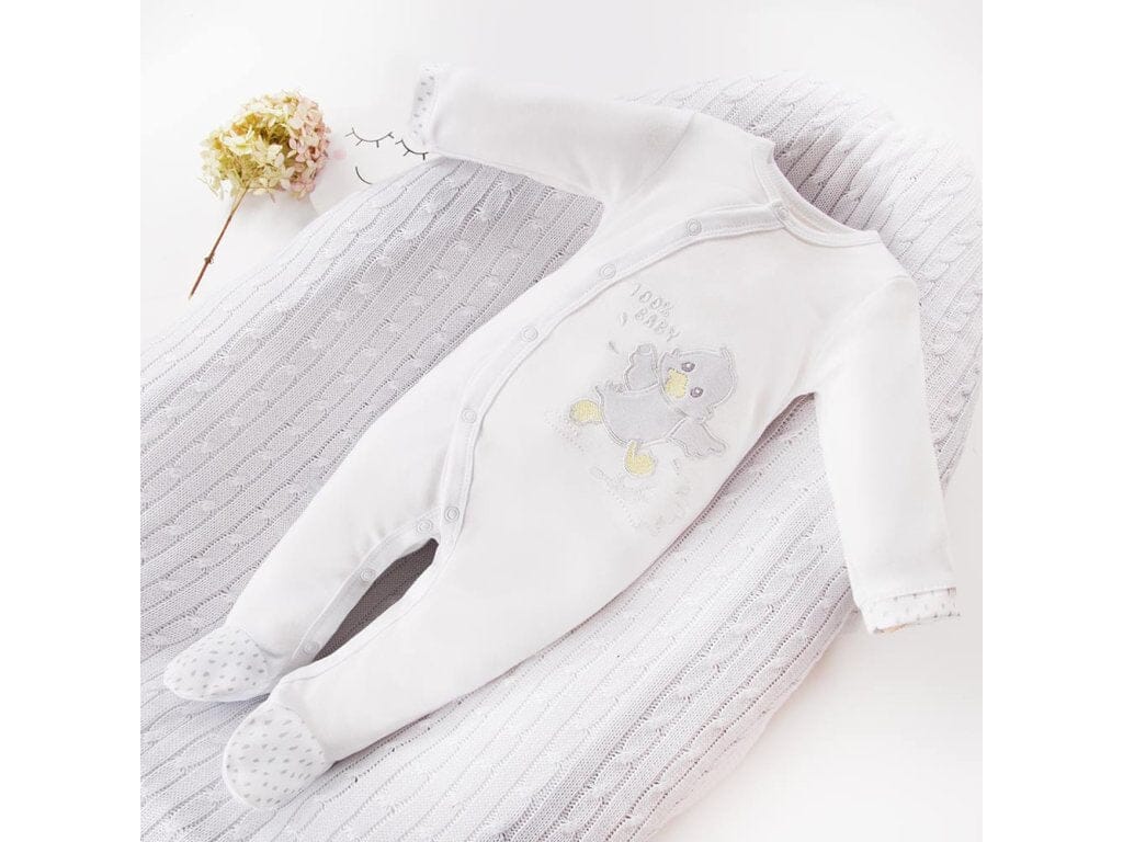 Tiny Baby Footed Babygrow, Embroidered Chick - White Sleepsuit / Babygrow EEVI 