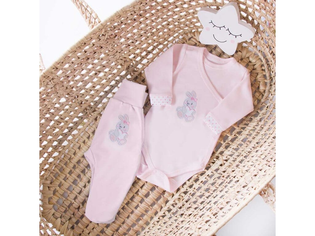 Early Baby Footed Trousers, Embroidered Bunny Rabbit On The Rear - Pink Trousers / Leggings EEVI 