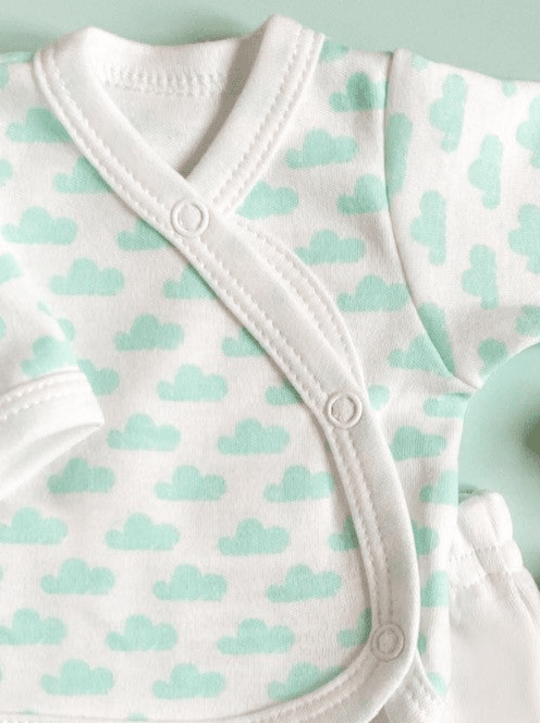 Premature Baby Set, Wrap Top & Trousers, Mint Cloud, 100% Organic Cotton Top & Trousers Tiny & Small 