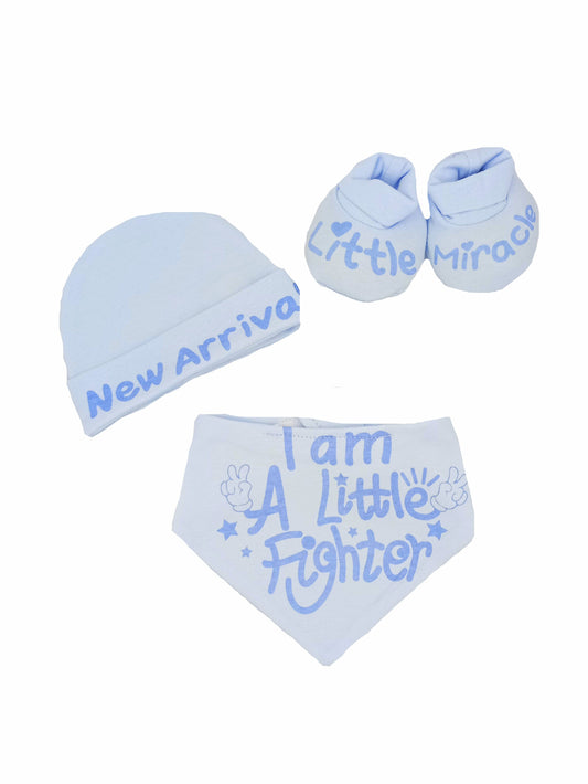 'Little Miracle' 3 Piece, Hat, Bib & Booties Set - Blue Set/Multipack Soft Touch 