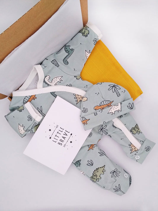 Dino Buddies Gift Box - Sleepsuit, Hat & Muslin Gift Set Tiny & Small 