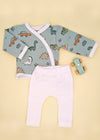 2 piece wrap top & trouser set, Dino Buddies, Teal Top & Trousers Tiny & Small 