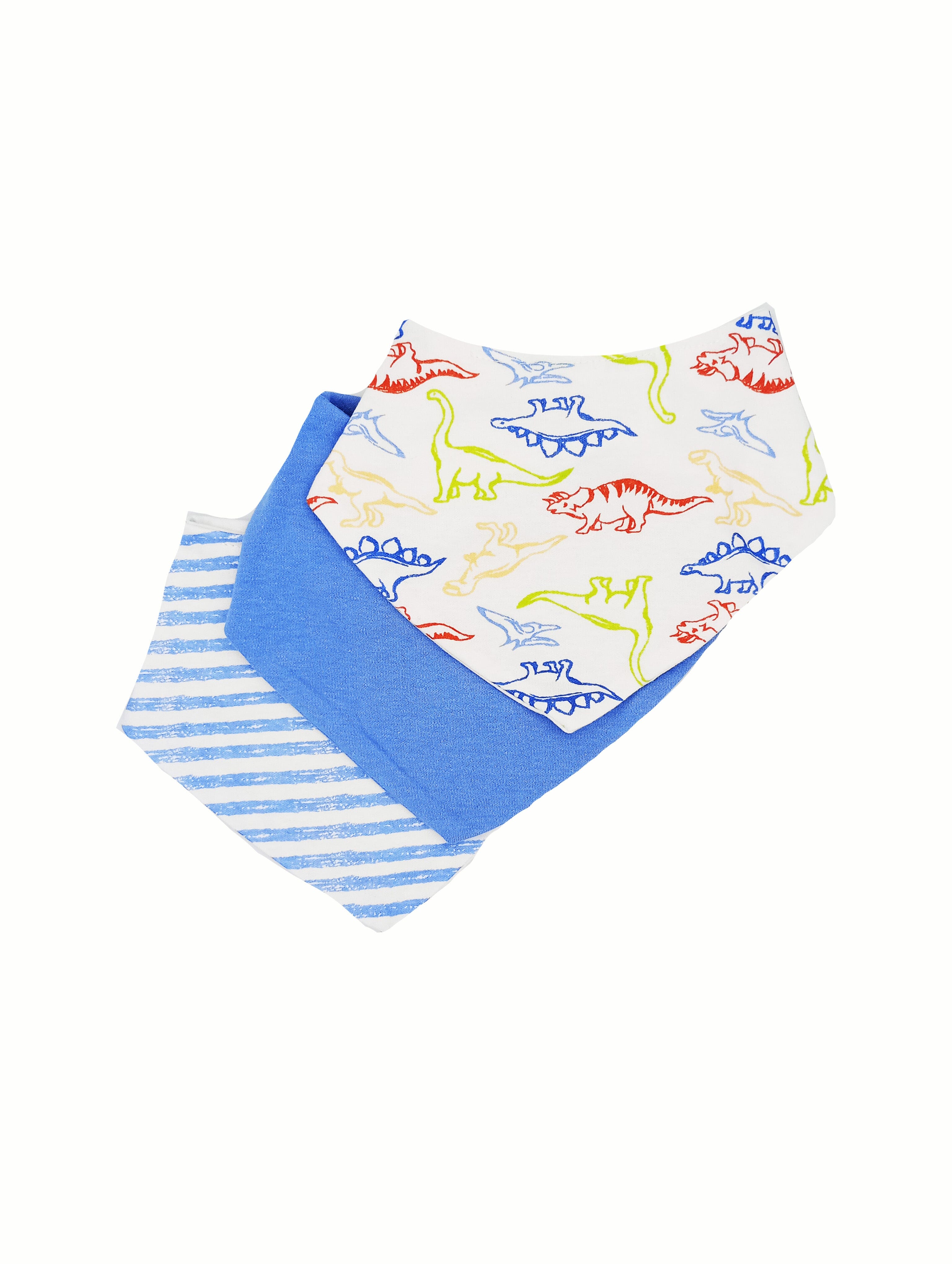 3 Pack Bandana Bibs - Blue/White Stripe and Dinosaur Print Dribble Bib Soft Touch 
