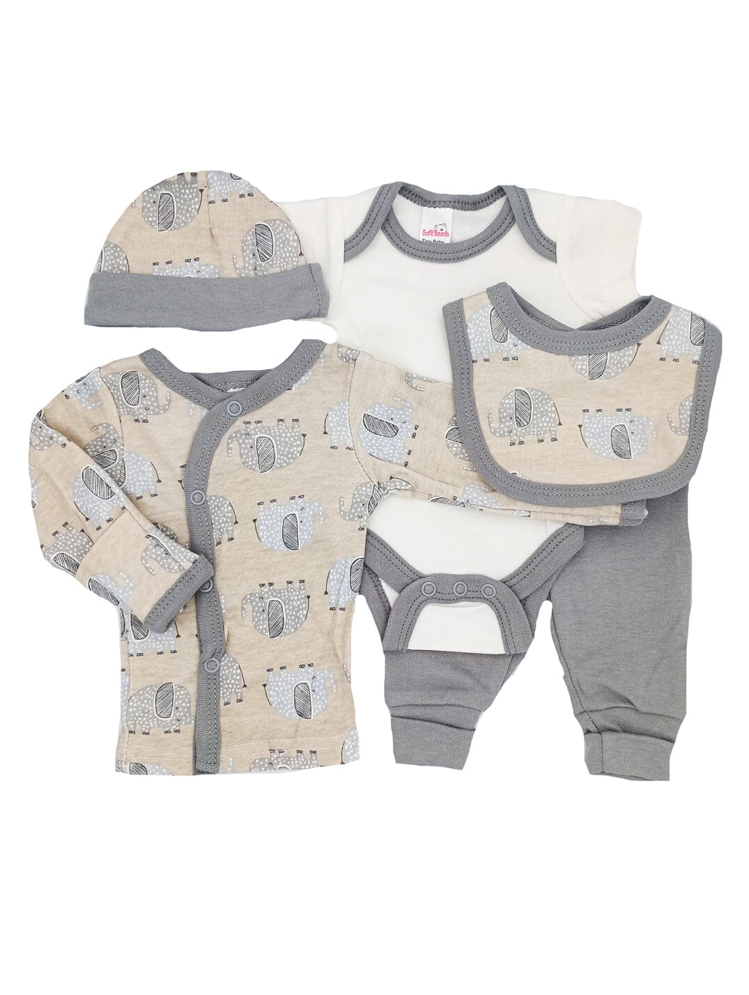 Elephant Print 5 Piece Set - Vest, Top, Trousers, Bib & Hat Outift Soft Touch 