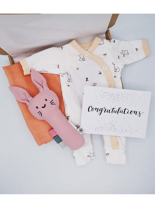 Flower Bunny Gift Box - Sleepsuit, Rattle, Muslin & Card (1.5-3lbs, 3-5lbs & 4-7lbs) Gift Set Tiny & Small 