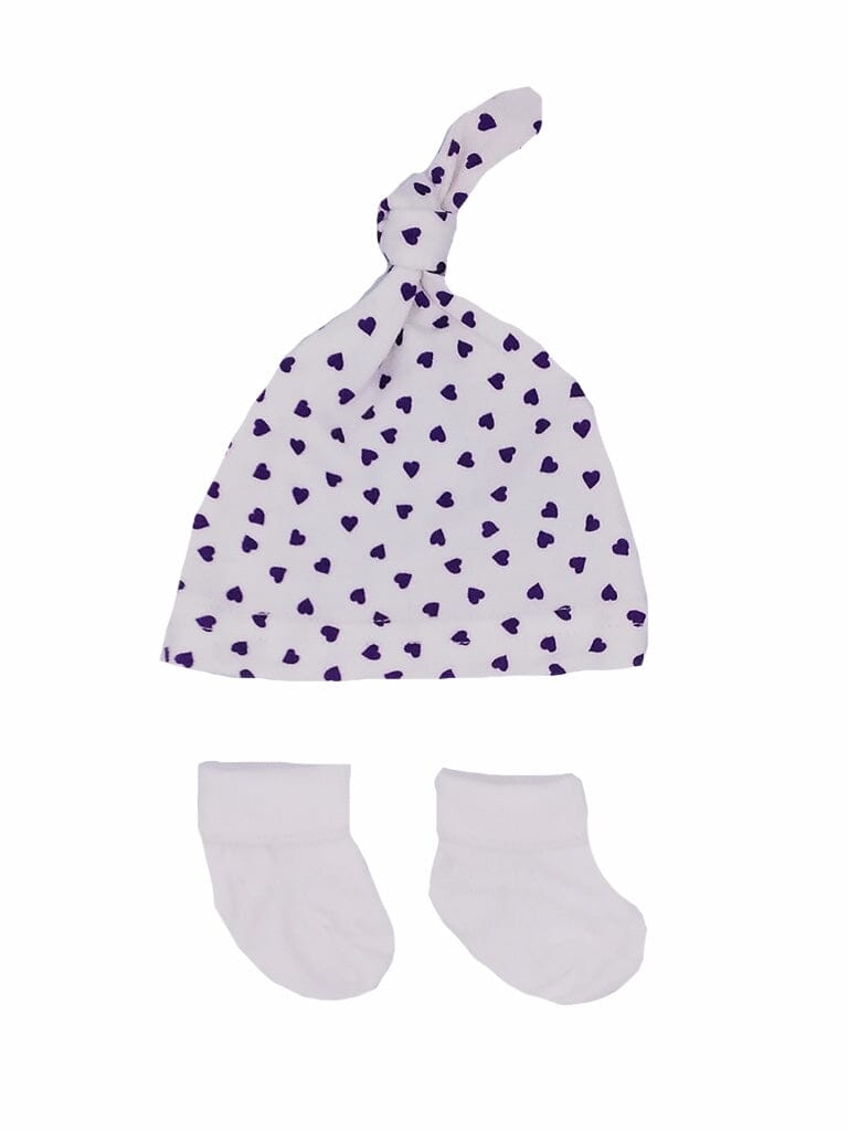 Premature Baby Knotted Hat and Socks Set - Purple Hearts Hat, Mitts & Booties Set Little Mouse Baby Clothing & Gifts 