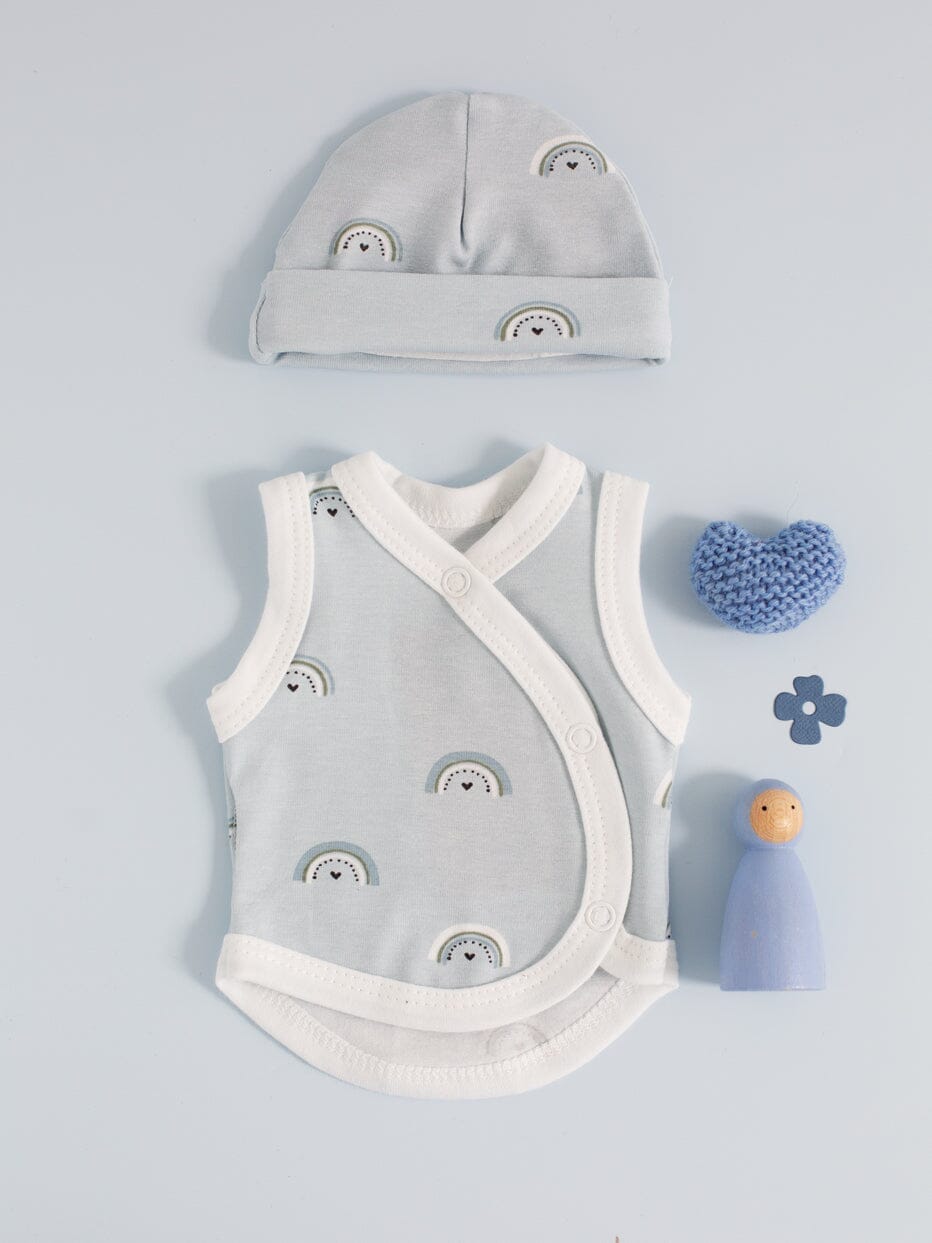 Incubator Vest & Round Hat Set, Baby Blue Rainbows Incubator Vest & Hat Set Tiny & Small 