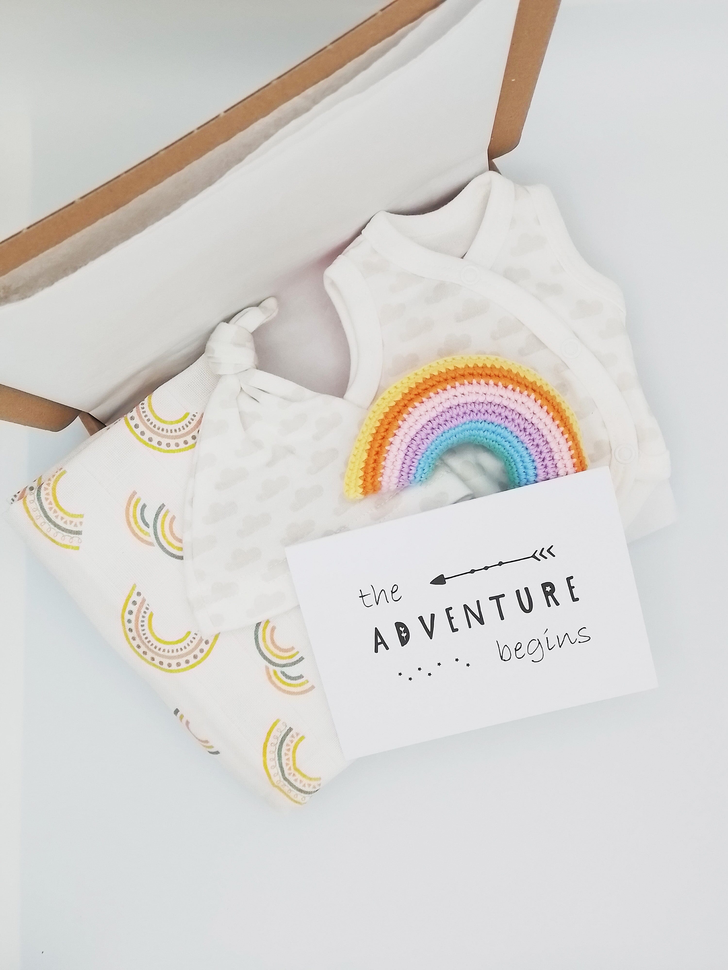 Clouds and Rainbows Gift Box - Incubator Vest, Hat, Toy, Muslin & Card Gift Set Little Mouse Baby Clothing & Gifts 