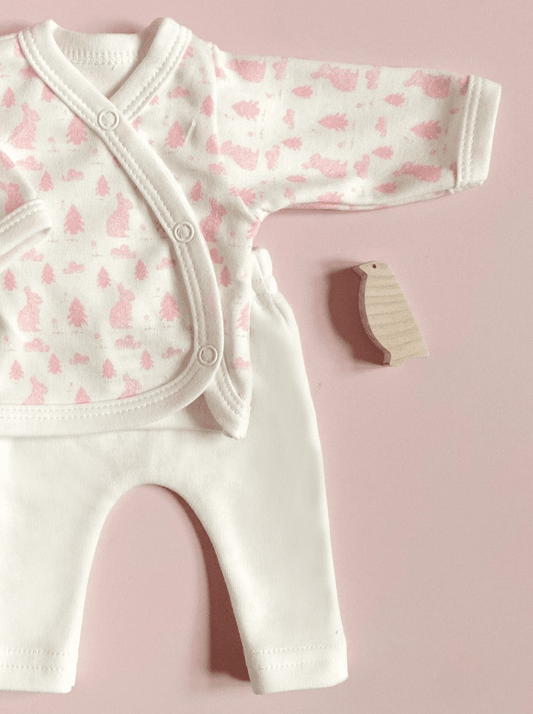 Wrap Top & Trouser Set. Bunny Meadow, Organic Cotton Top & Trousers Tiny & Small 