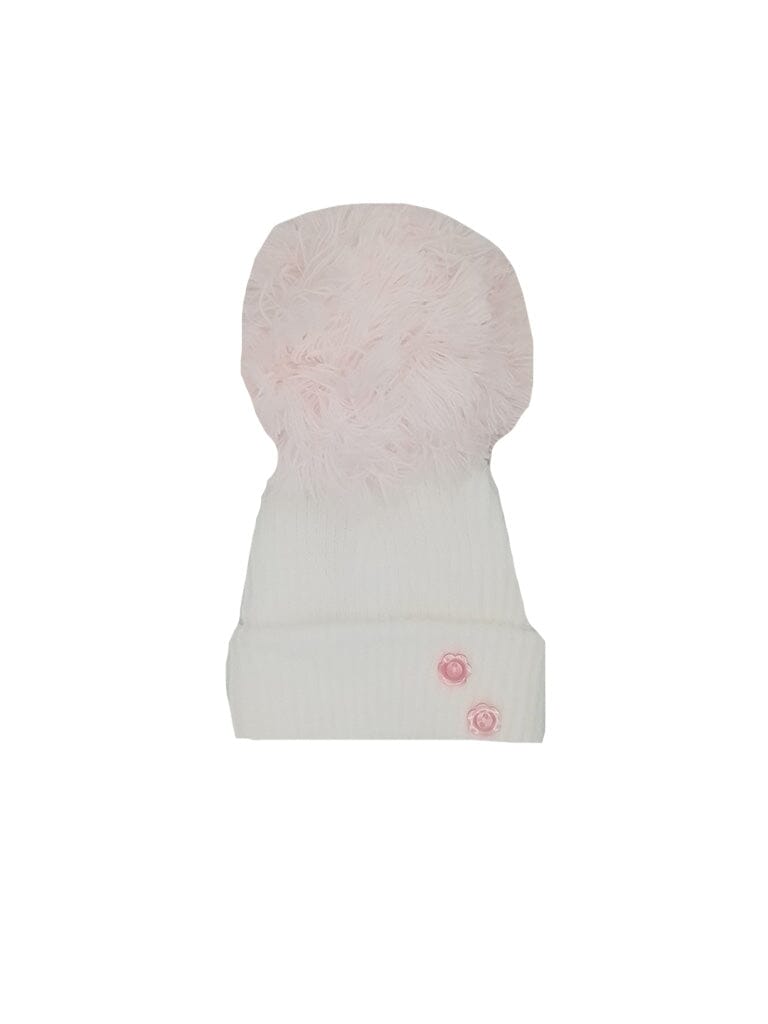 White and Pink Knitted Pom Pom Hat Hat Little Mouse Baby Clothing and Gifts Ltd 