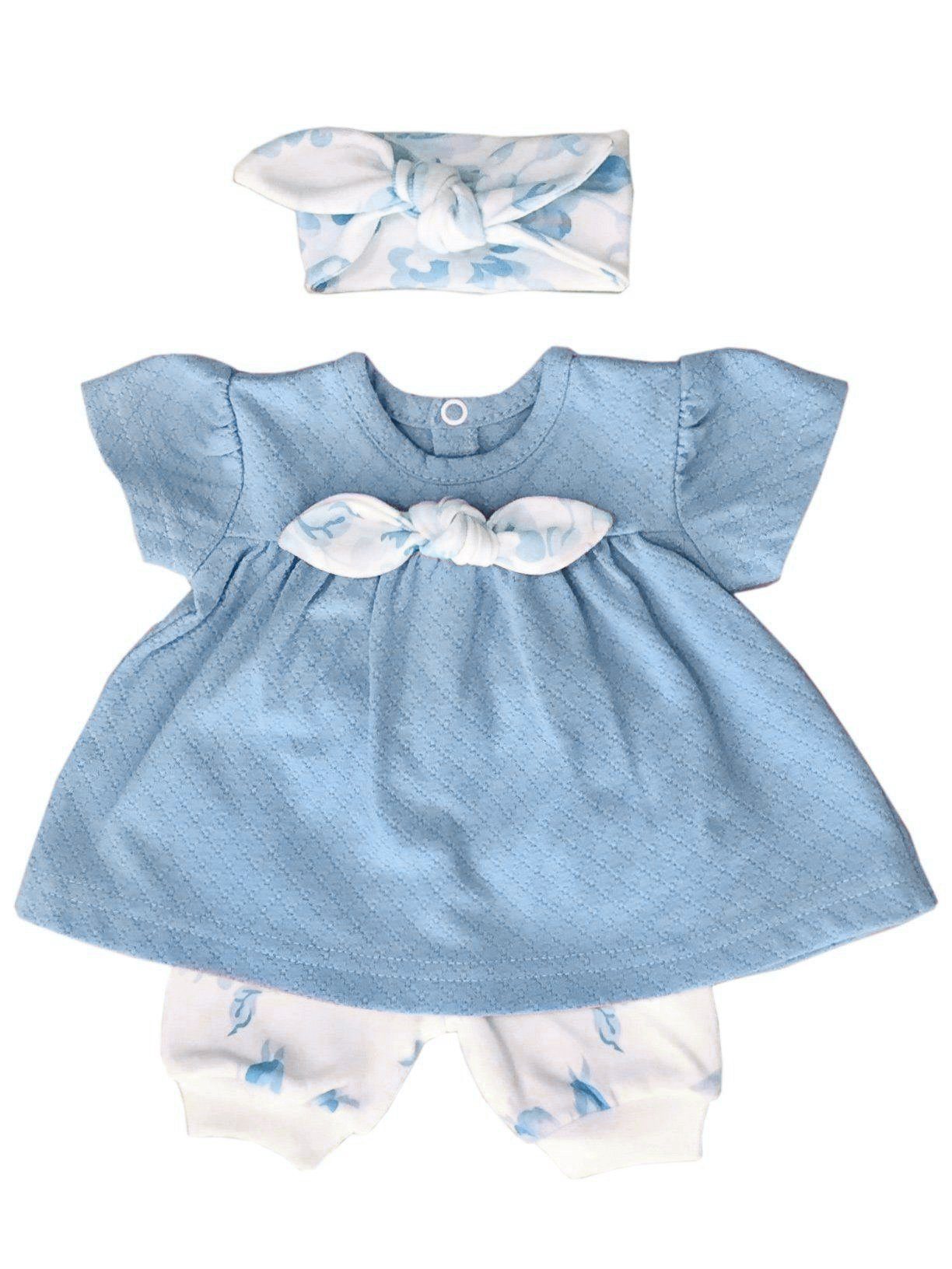 Cornflower Blue Floral Dress, Trousers & Headband Set Outift Itty Bitty Baby Clothing 
