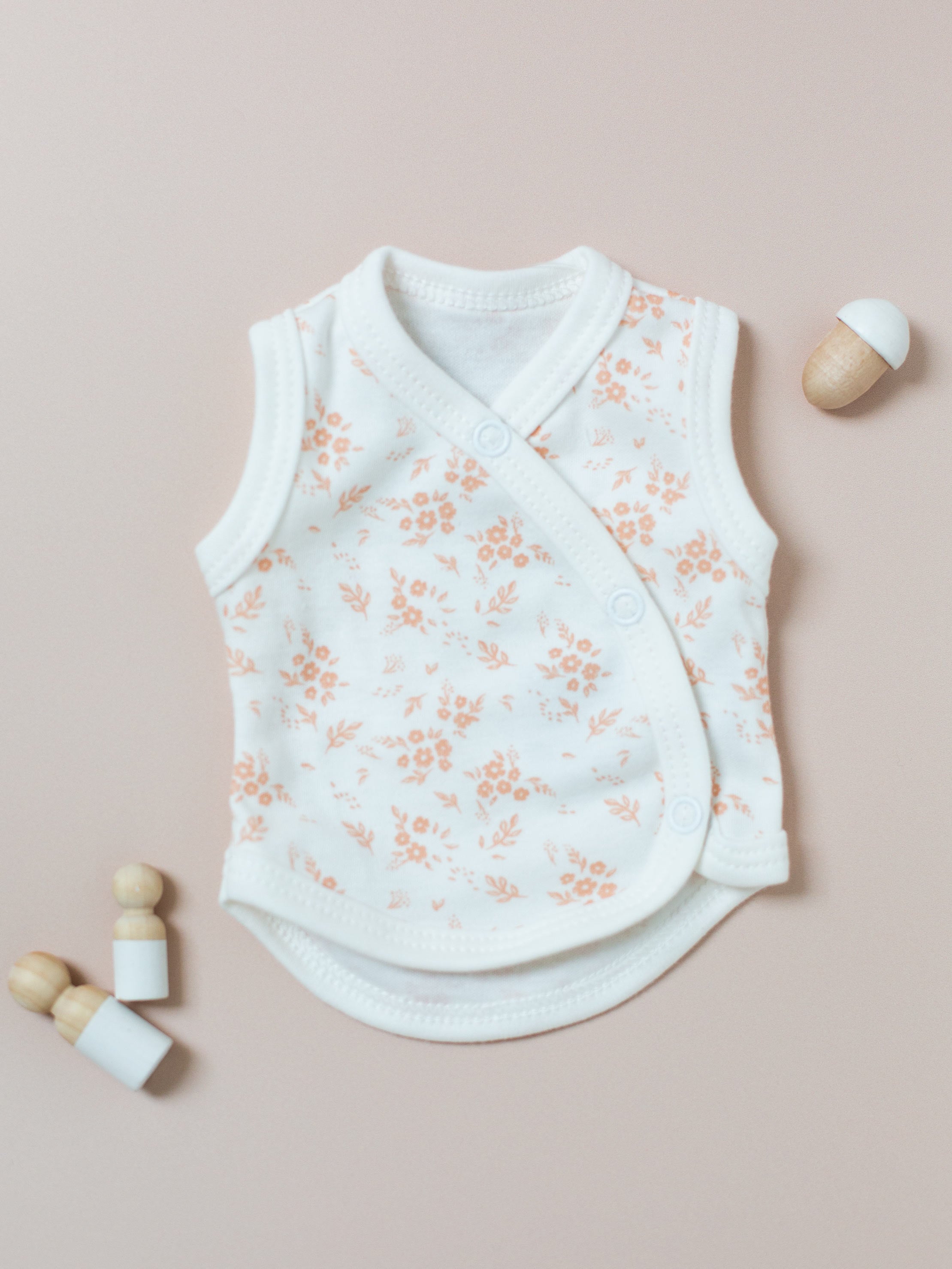 Incubator Vest, Apricot Floral, Premium 100% Organic Cotton Bodysuit / Vest Tiny & Small 