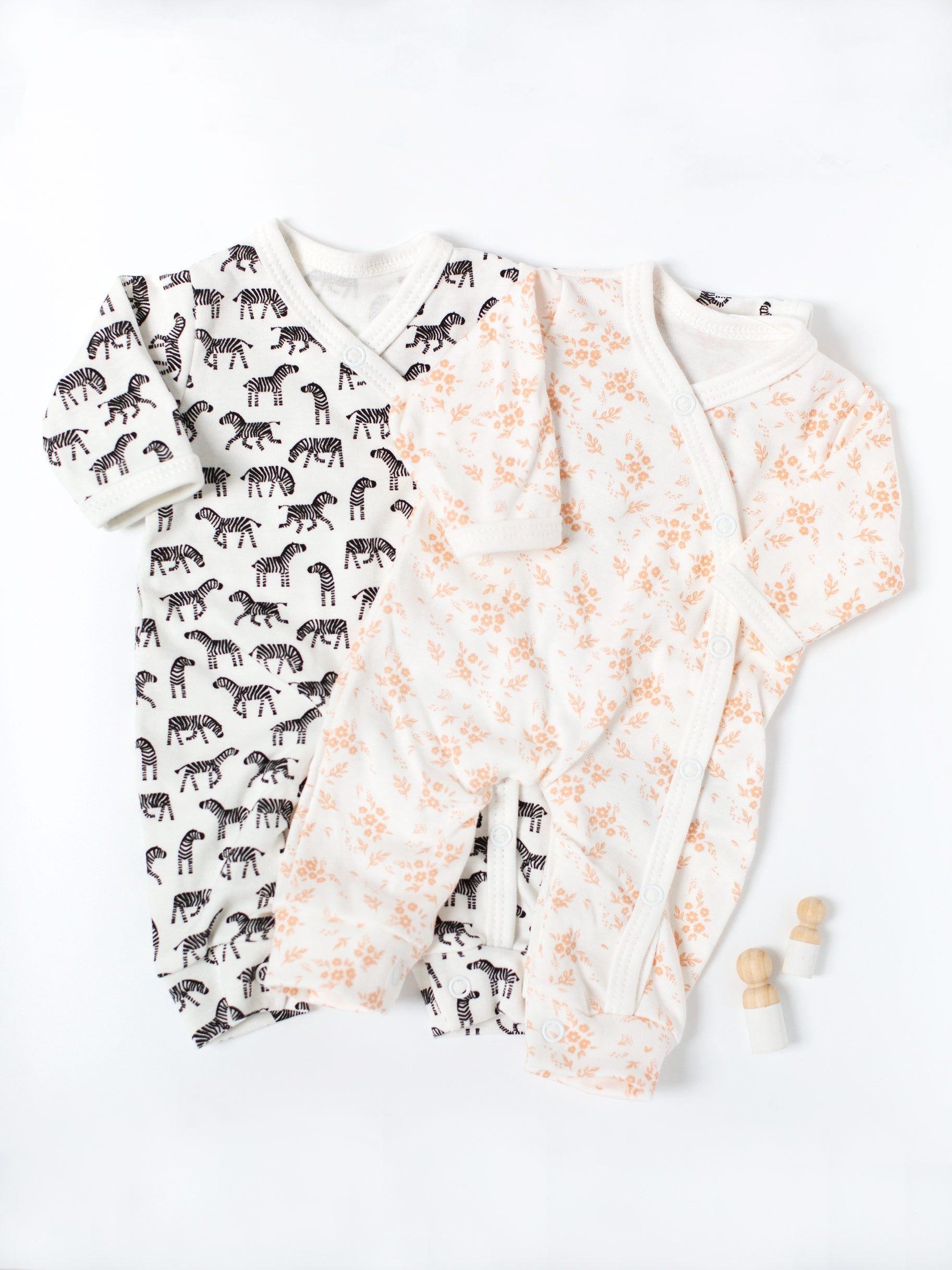 Twin Bundle - 2 Pack Sleepsuits, Little Zebras & Apricot Floral, 100% Organic Cotton Set/Multipack Tiny & Small 