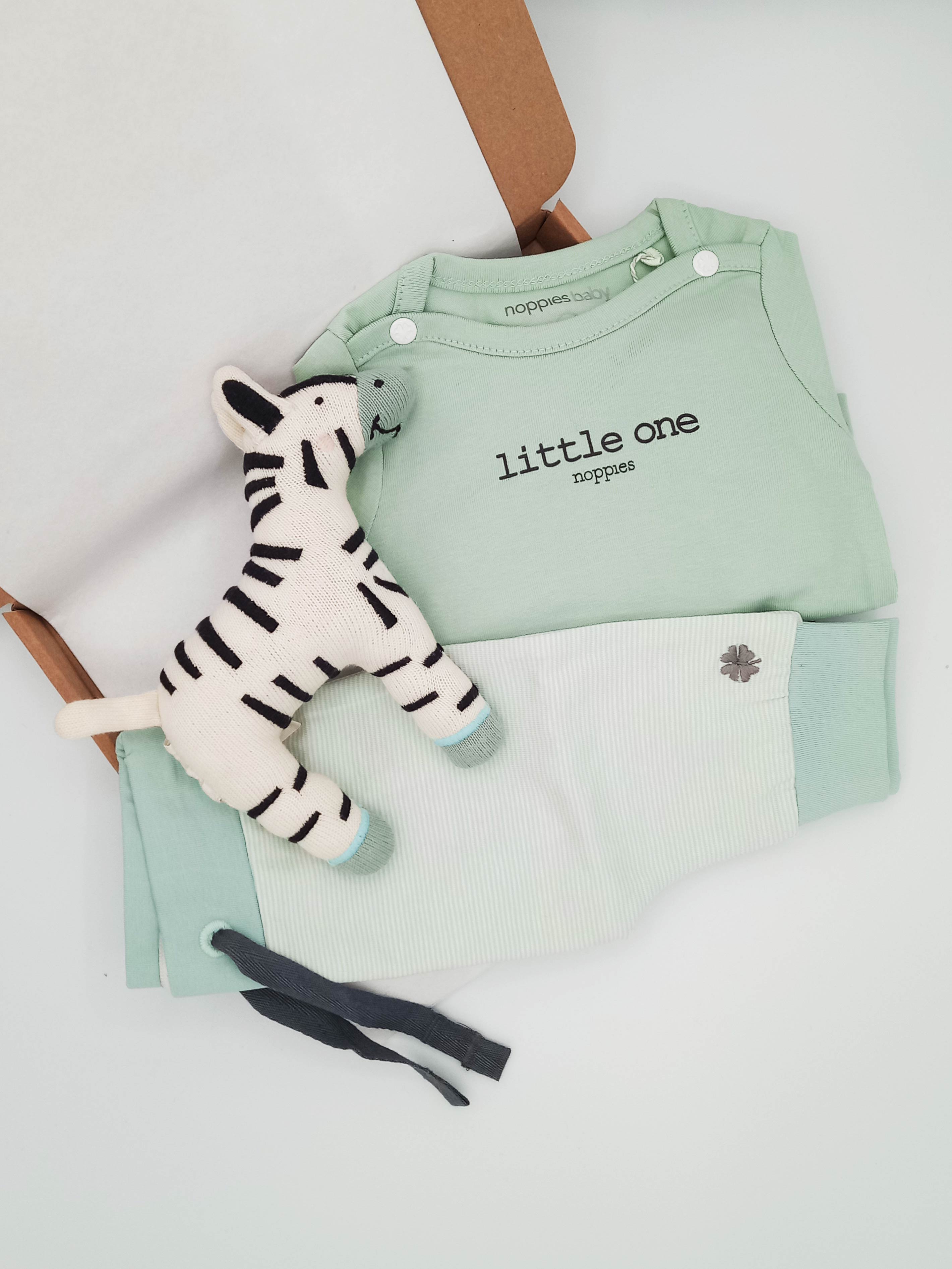 Zebra Gift Box - Green 'Little One' Top & Stripey Trouser Set with Zebra Toy and Card - 4-7lb Gift Set Little Mouse Baby Clothing & Gifts 