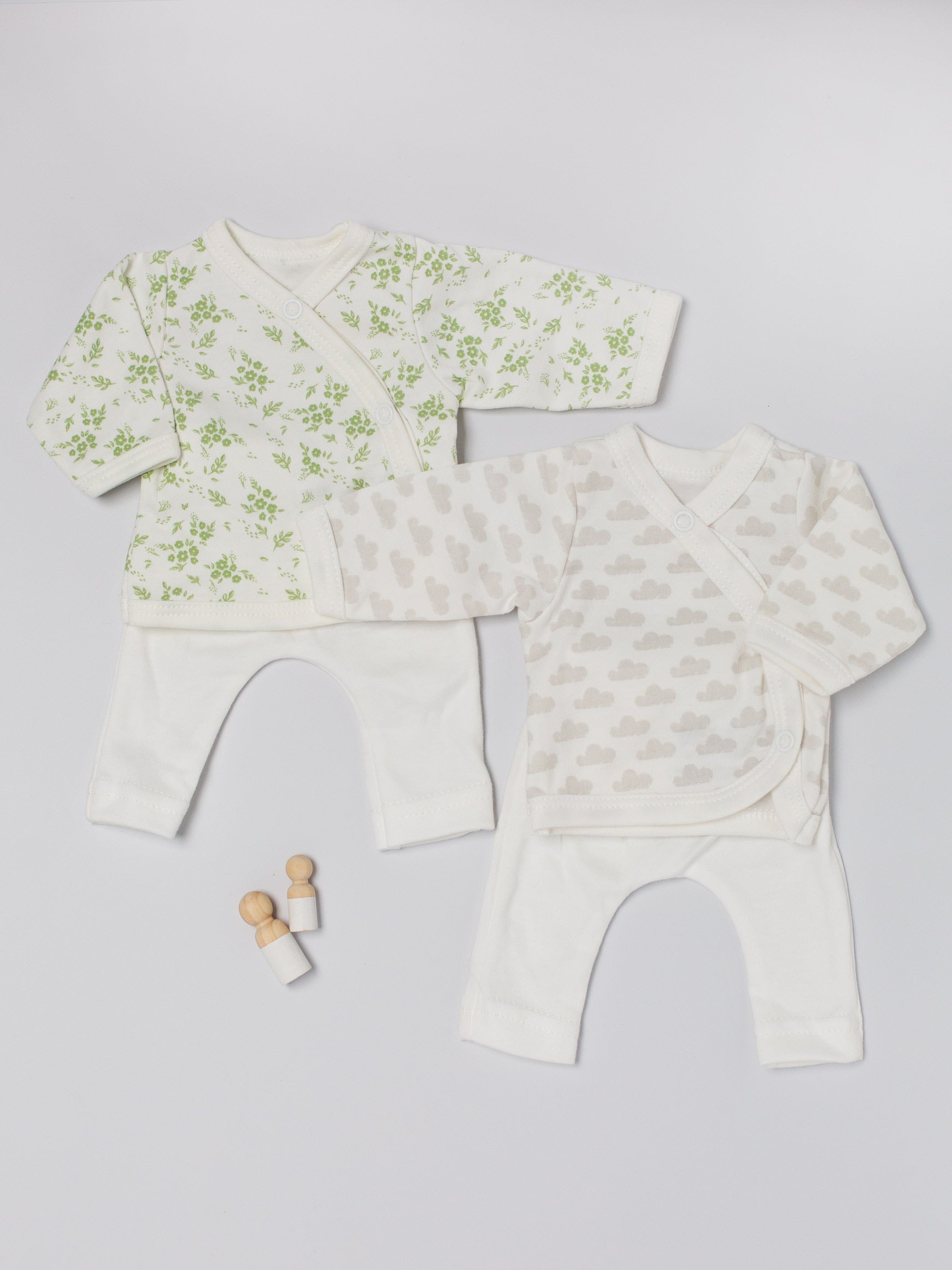 Twin Girl & Boy Bundle - 2 piece sets in Apple Floral & Silver Cloud Print, Organic Cotton Set/Multipack Tiny & Small 