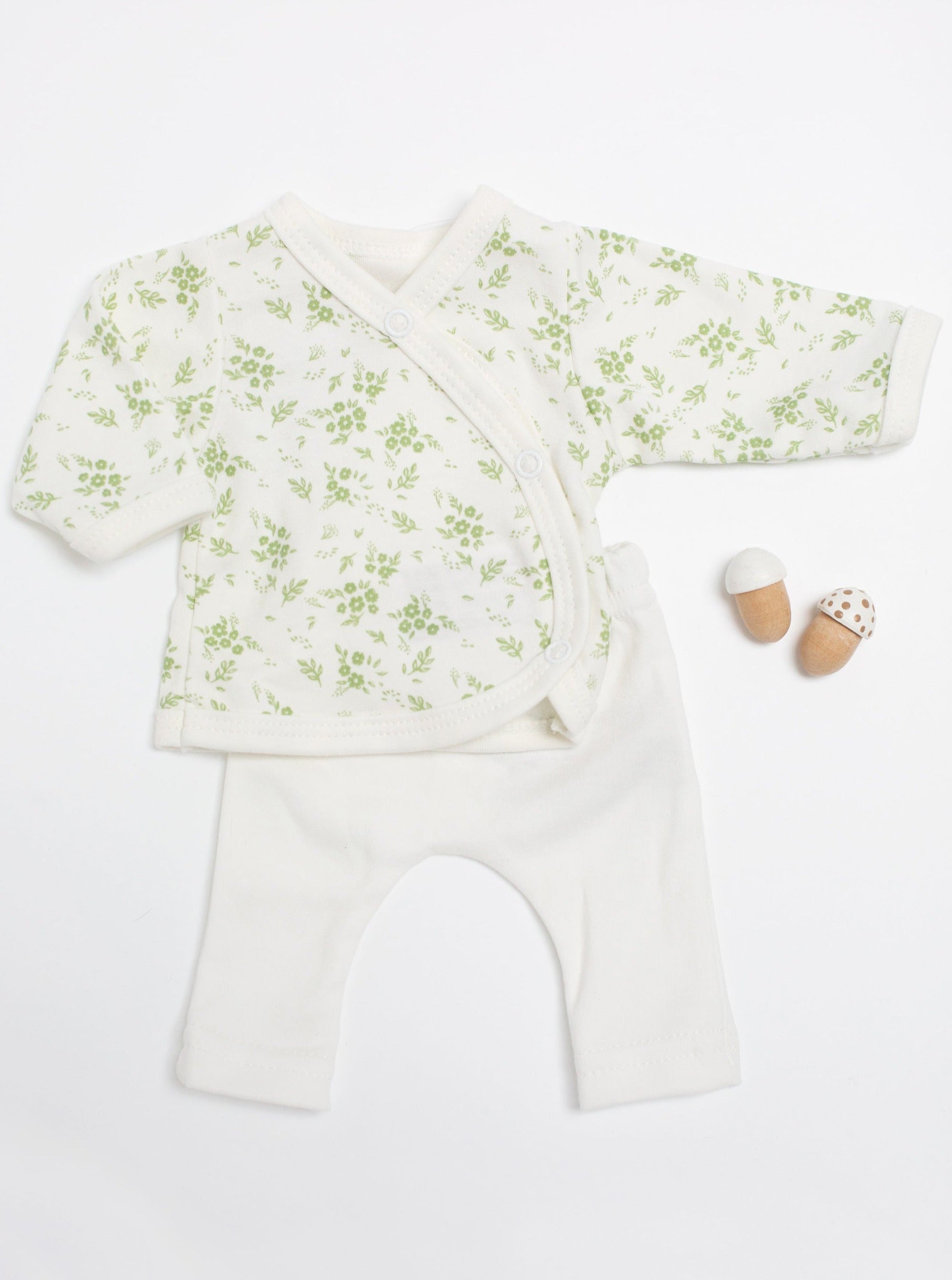 2 piece wrap top & trouser set. Apple Floral, Organic Cotton Top & Trousers Tiny & Small 