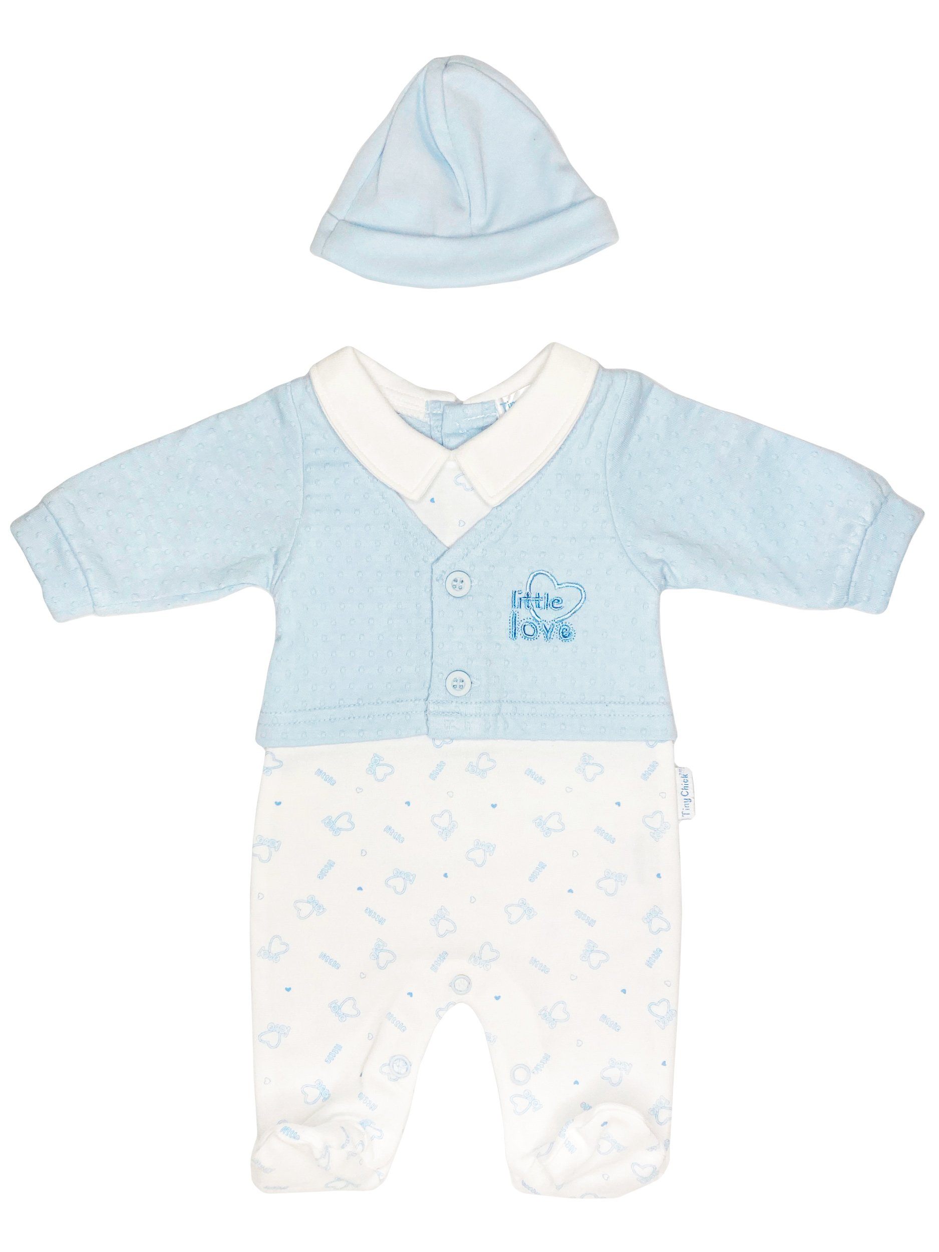 'Little Love' Blue Polkadot Cardigan Sleepsuit & Hat Sleepsuit / Babygrow Tiny Chick 