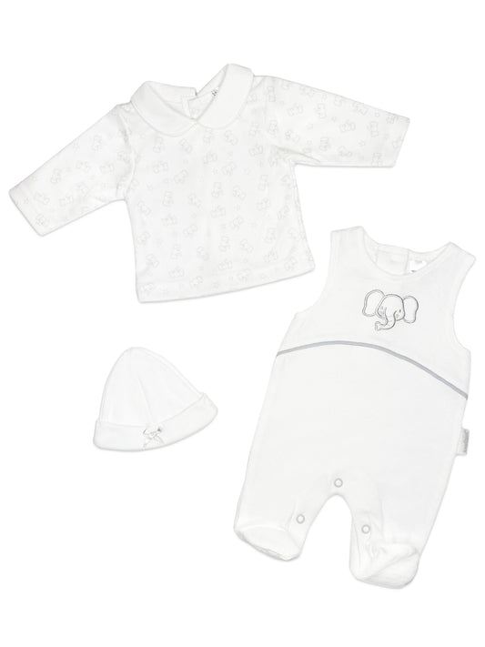 Elephant Dungaree, Long Sleeve Top & Hat - White Outift Tiny Chick 