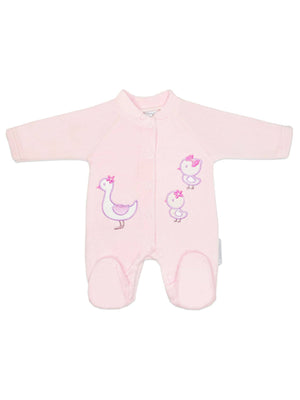 Appliqué Mother Duck & Ducklings Pink Velour Sleepsuit Sleepsuit / Babygrow Tiny Chick 