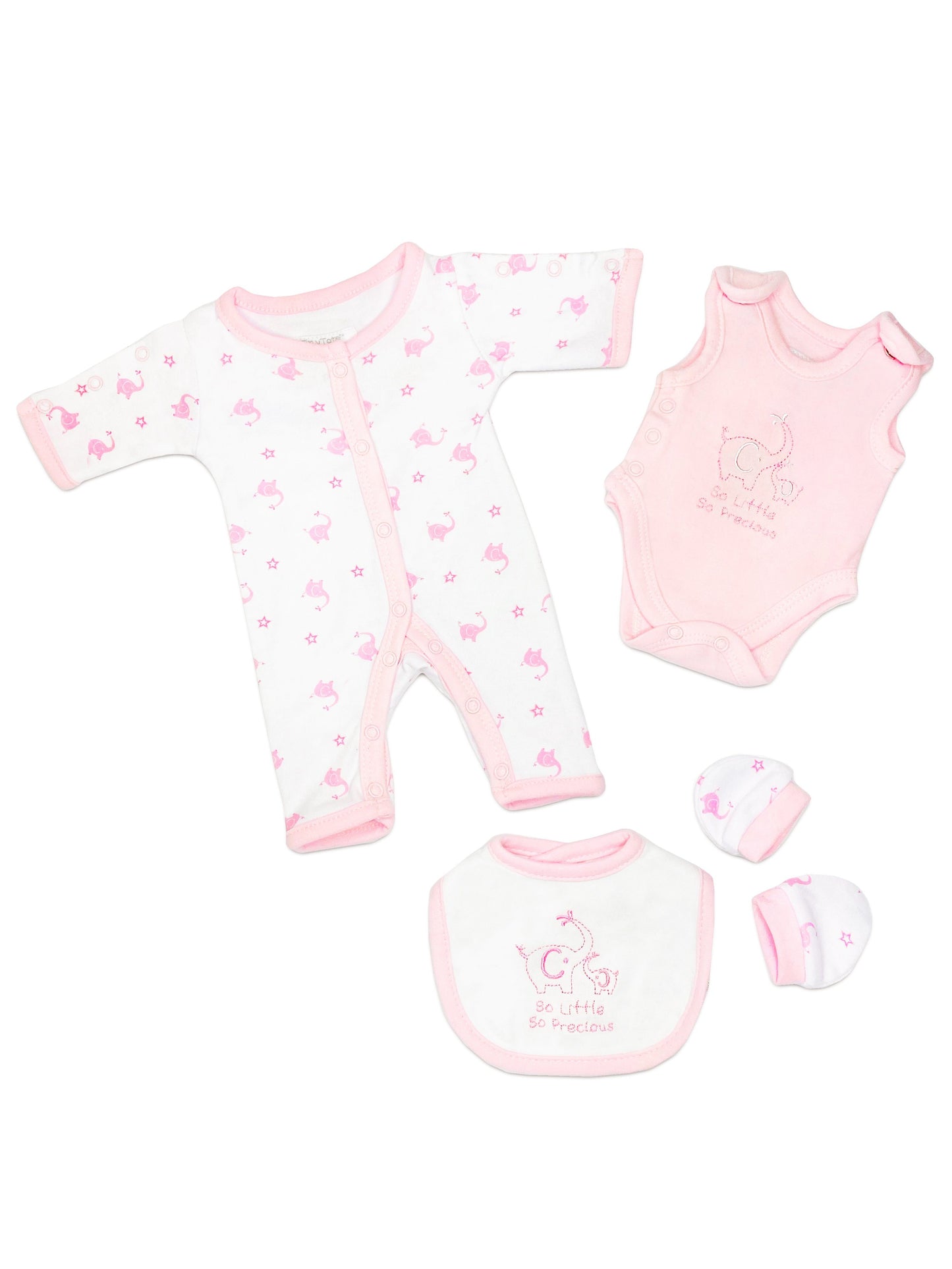 Pink Elephant 4 Piece Set - Sleepsuit, Vest, Bib & Mitts Outift Tiny Chick 