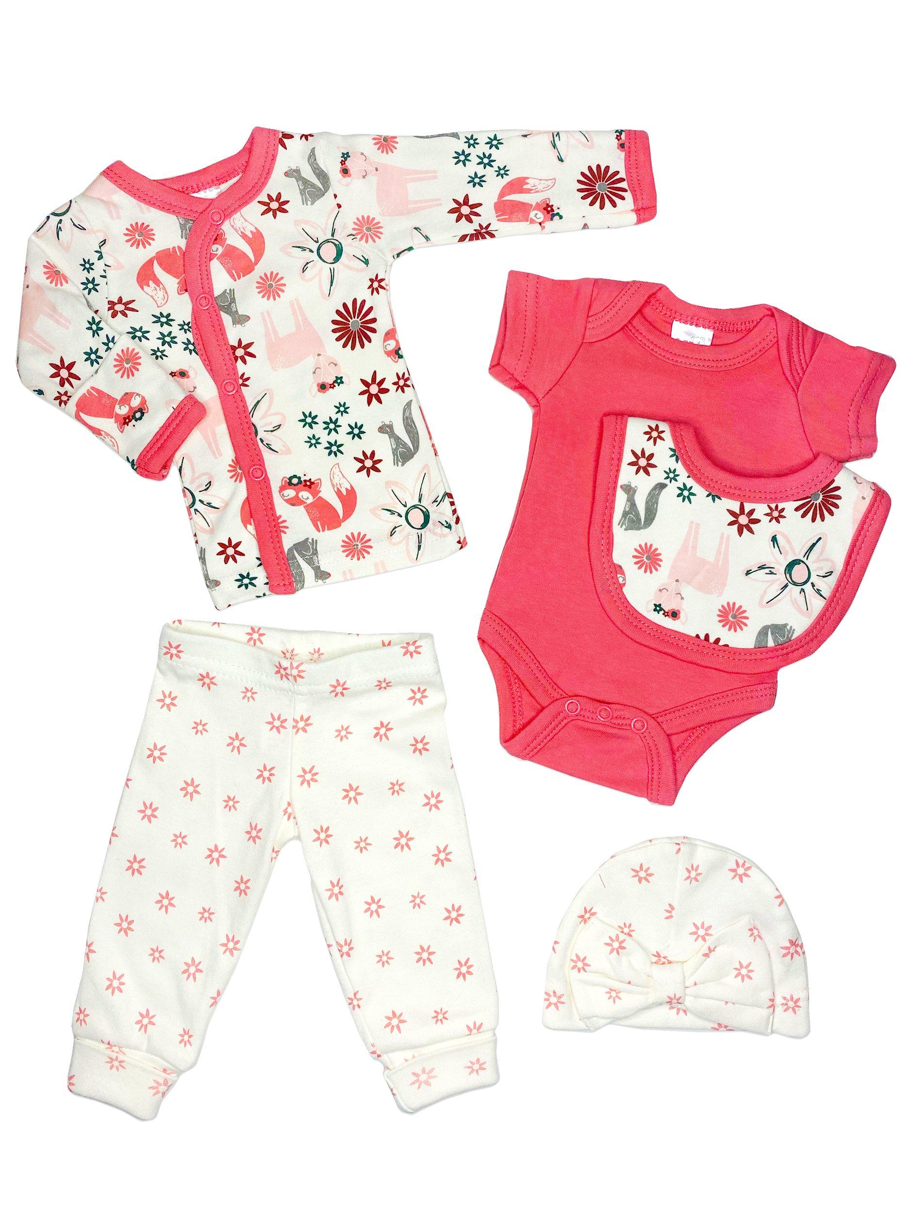 Pink Woodland Animals 5 piece set - Vest, Top, Trousers, Bib & Hat Outift Soft Touch 