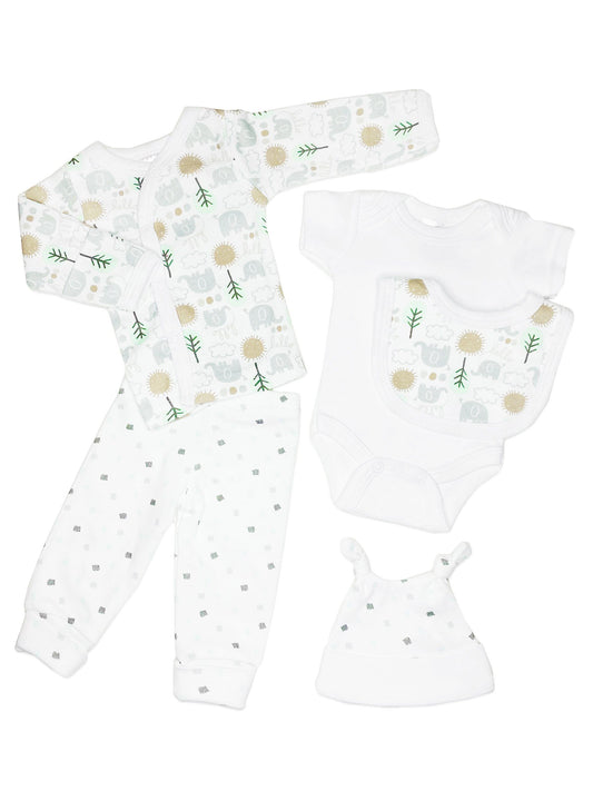 White Elephant 5 Piece Set - Vest, Top, Trousers, Bib & Hat Outift Soft Touch 