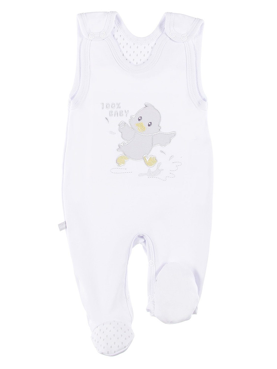 Early Baby Footed Dungarees, Embroidered Chick Design - White Dungaree EEVI 