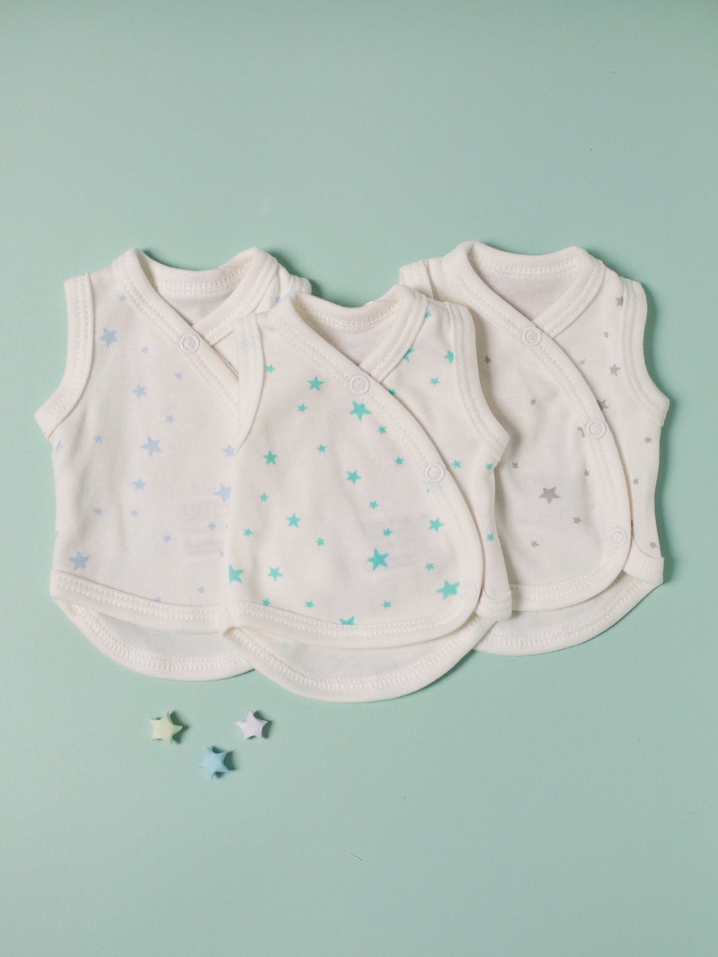 3 Pack - Star Incubator Vests - Blue, Mint & Silver Stars, 100% Organic Cotton Set/Multipack Tiny & Small 