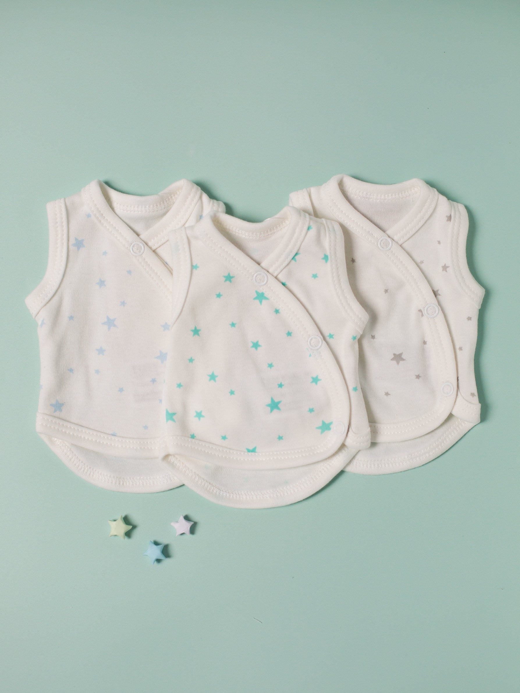 3 Pack - Star Incubator Vests - Blue, Mint & Silver Stars, 100% Organic Cotton Set/Multipack Tiny & Small 