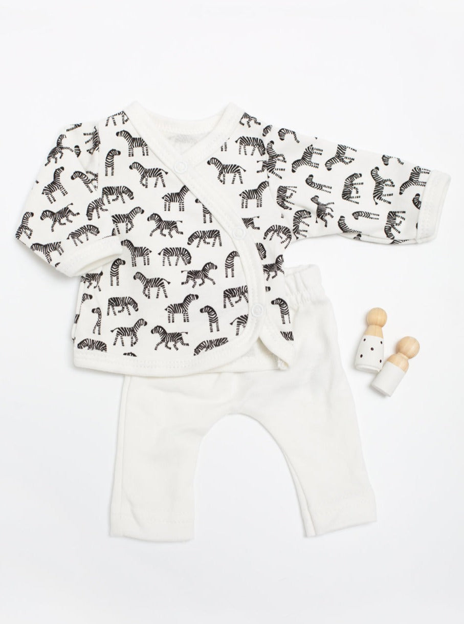 2 piece wrap top & trouser set, Little Zebras print, Organic Cotton Top & Trousers Tiny & Small 