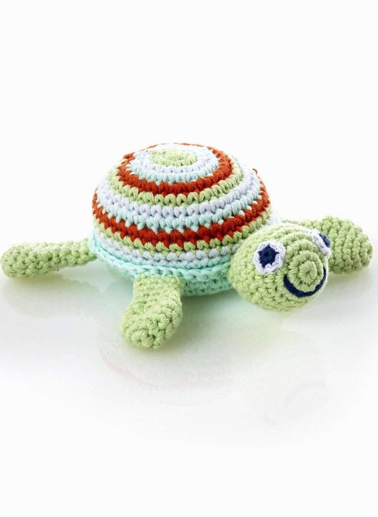 Turtle - Fair Trade Organic Crochet Baby Rattle - Green/Blue Rattle Pebble Toys 