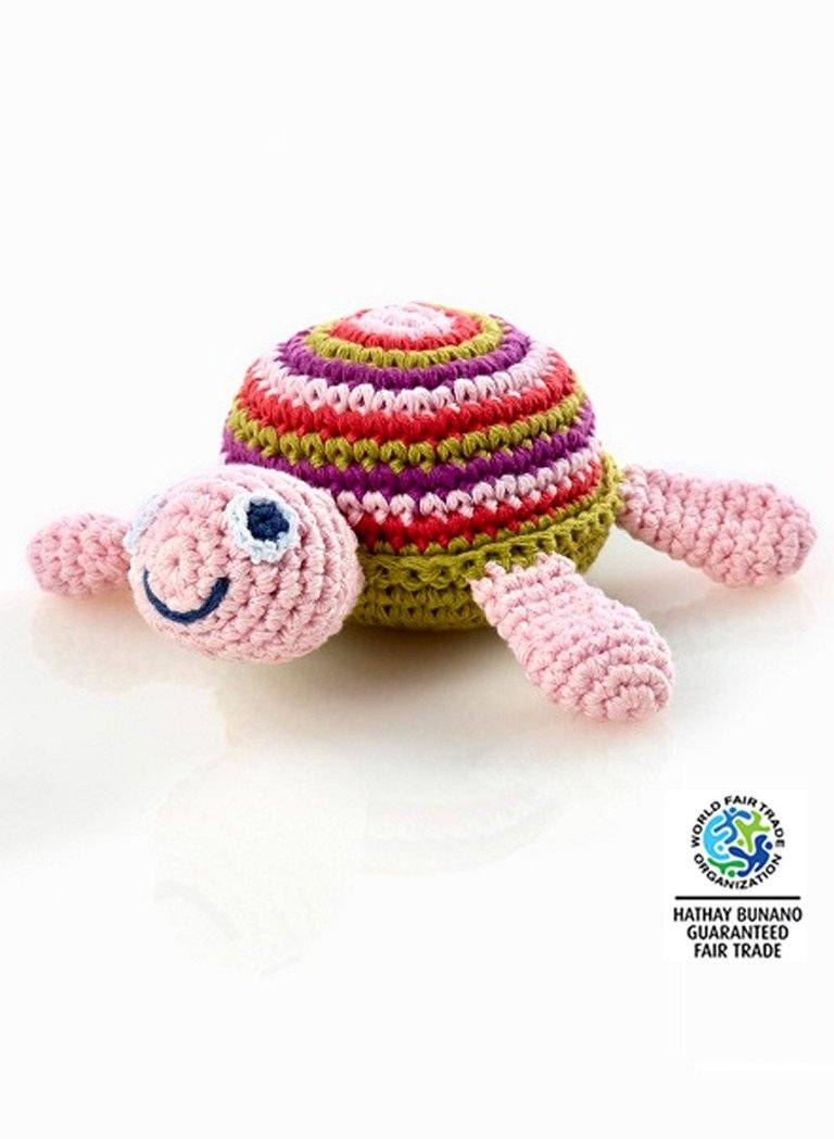 Turtle - Fair Trade Organic Crochet Baby Rattle - Pink Stripe Rattle Pebble Toys 