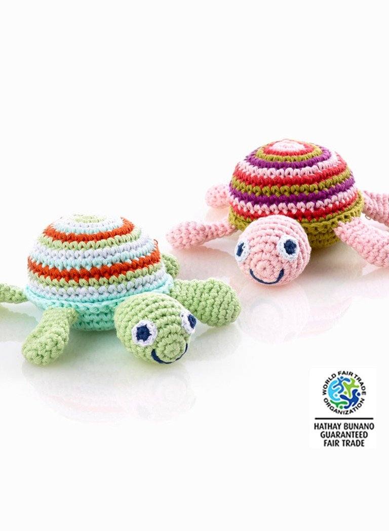 Turtle - Fair Trade Organic Crochet Baby Rattle - Pink Stripe Rattle Pebble Toys 
