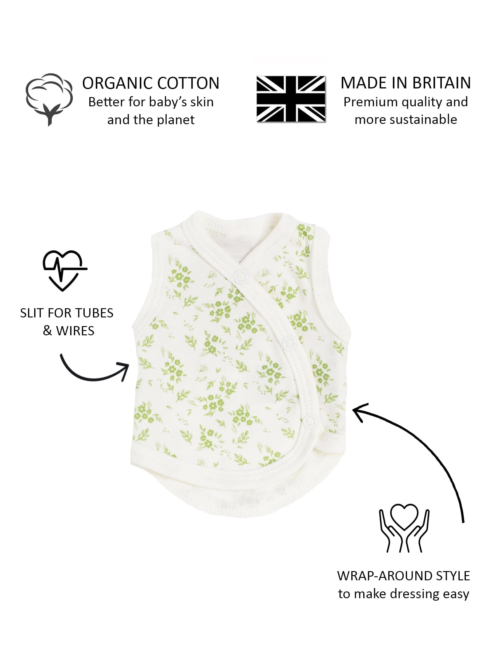 Incubator Vest, Apple Floral , Premium 100% Organic Cotton Bodysuit / Vest Tiny & Small 