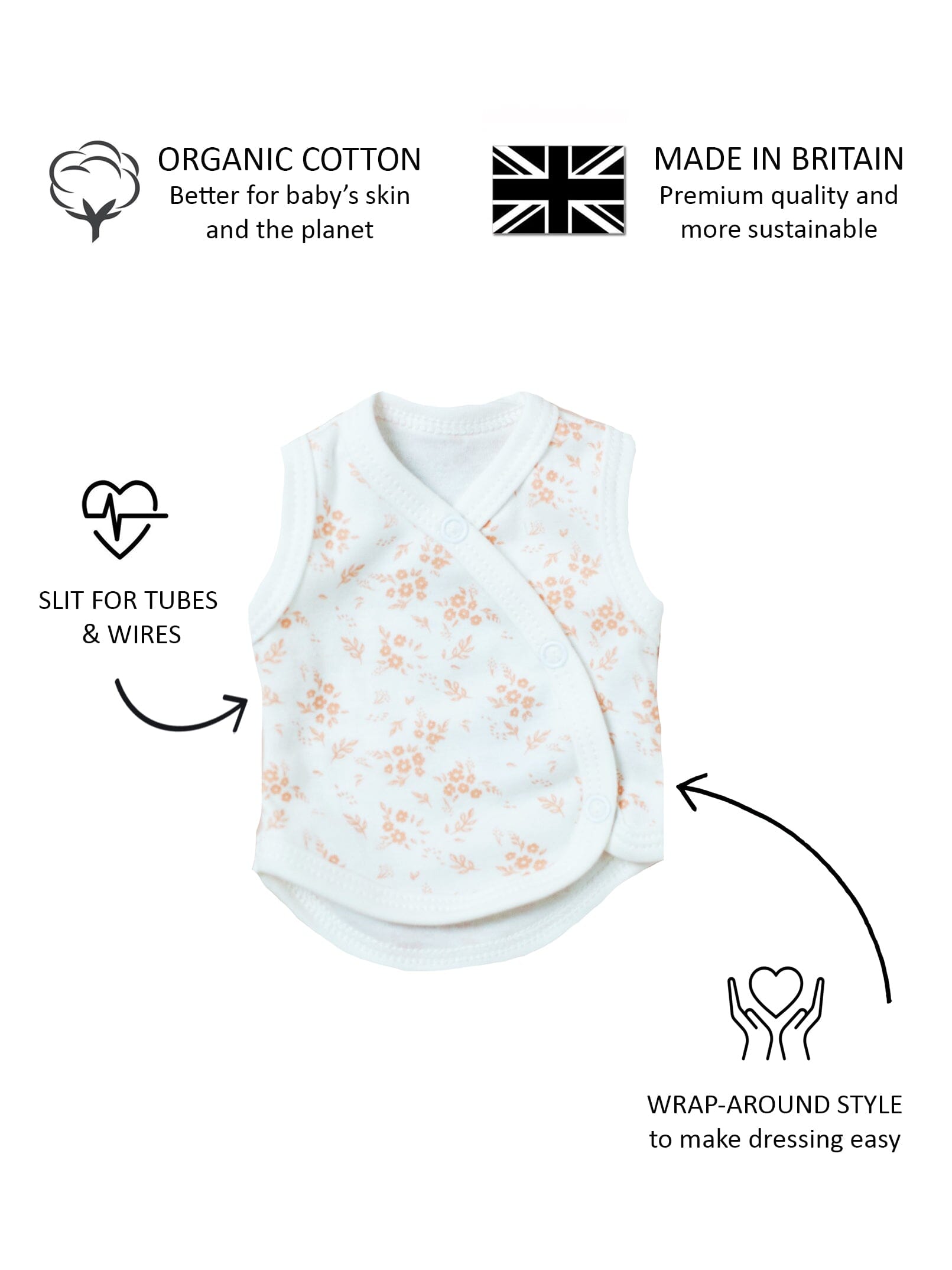 Incubator Vest, Apricot Floral, Premium 100% Organic Cotton Bodysuit / Vest Tiny & Small 