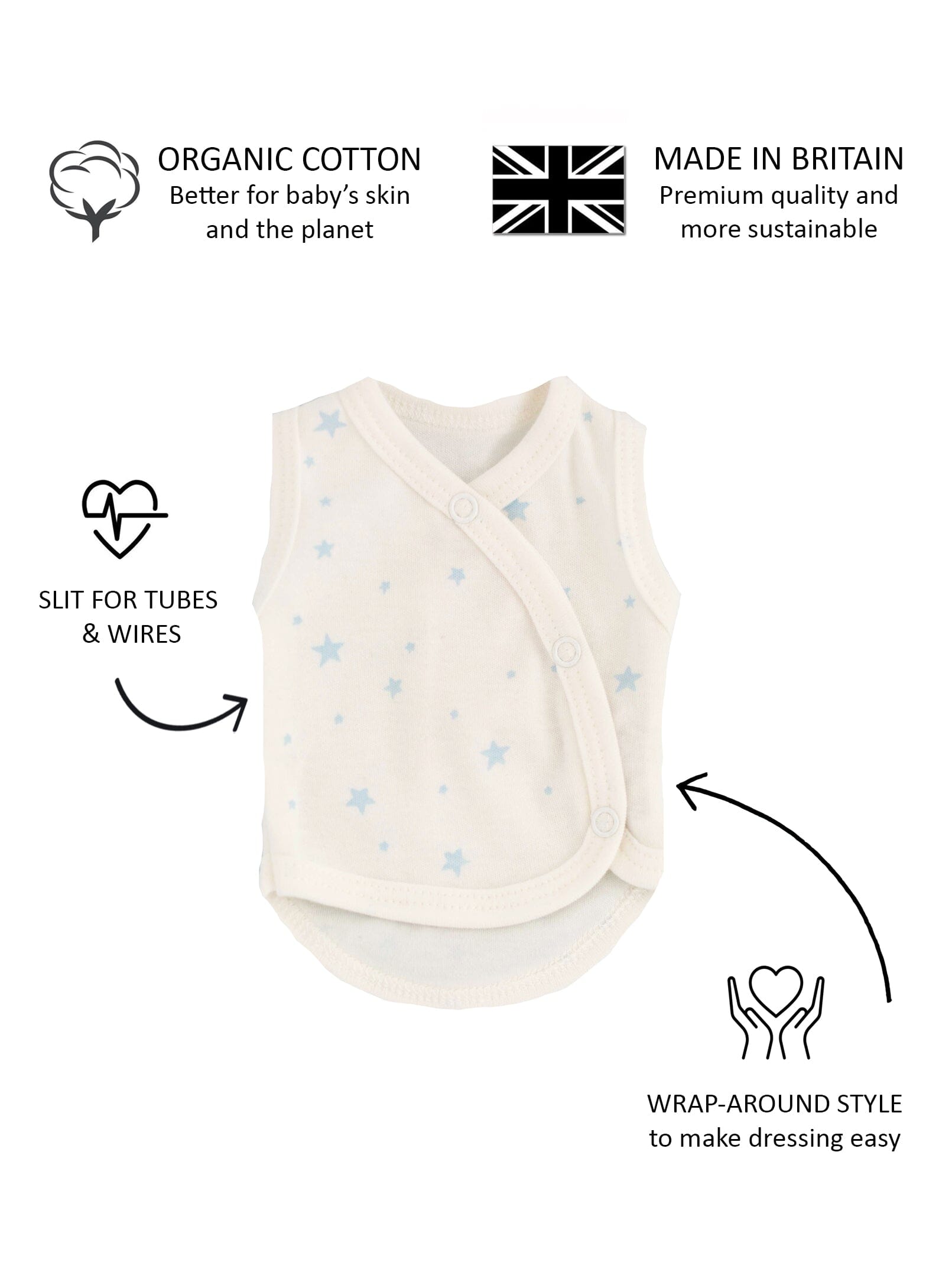 Incubator Vest, Blue Stars, Premium 100% Organic Cotton Bodysuit / Vest Tiny & Small 