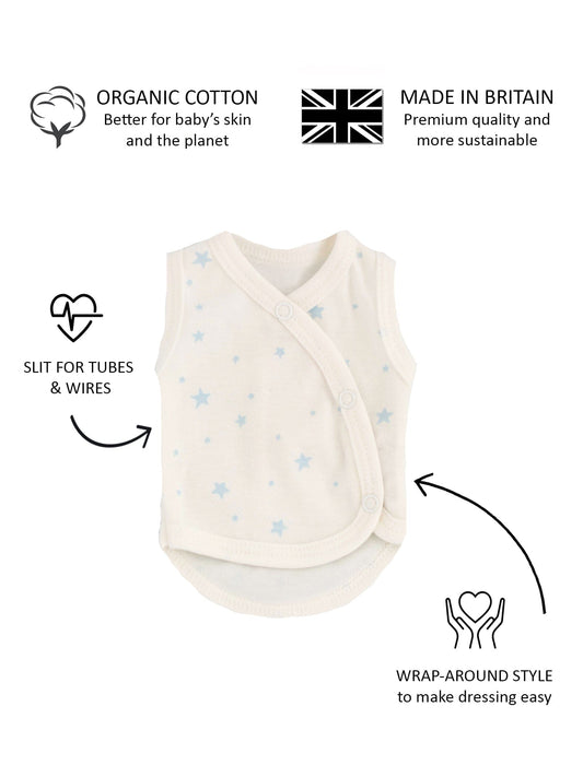 Incubator Vest, Blue Stars, Premium 100% Organic Cotton Bodysuit / Vest Tiny & Small 