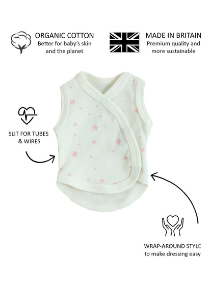 Incubator Vest, Pink Stars, Premium 100% Organic Cotton Bodysuit / Vest Tiny & Small 