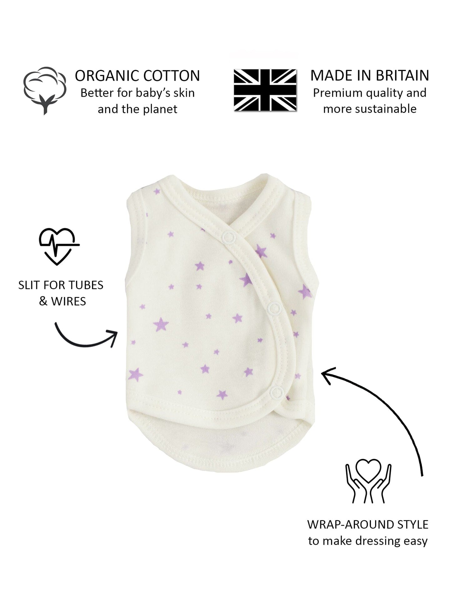 Incubator Vest, Purple Stars, Premium 100% Organic Cotton Bodysuit / Vest Tiny & Small 