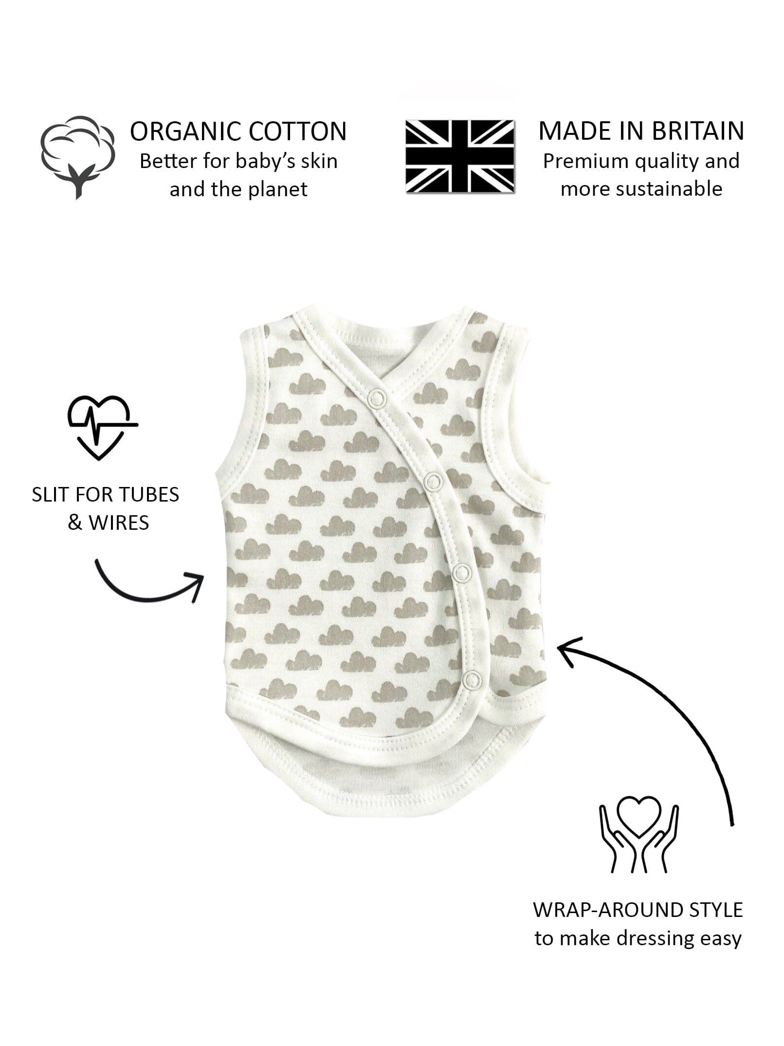 Incubator Vest, Silver Cloud, Premium 100% Organic Cotton Bodysuit / Vest Tiny & Small 