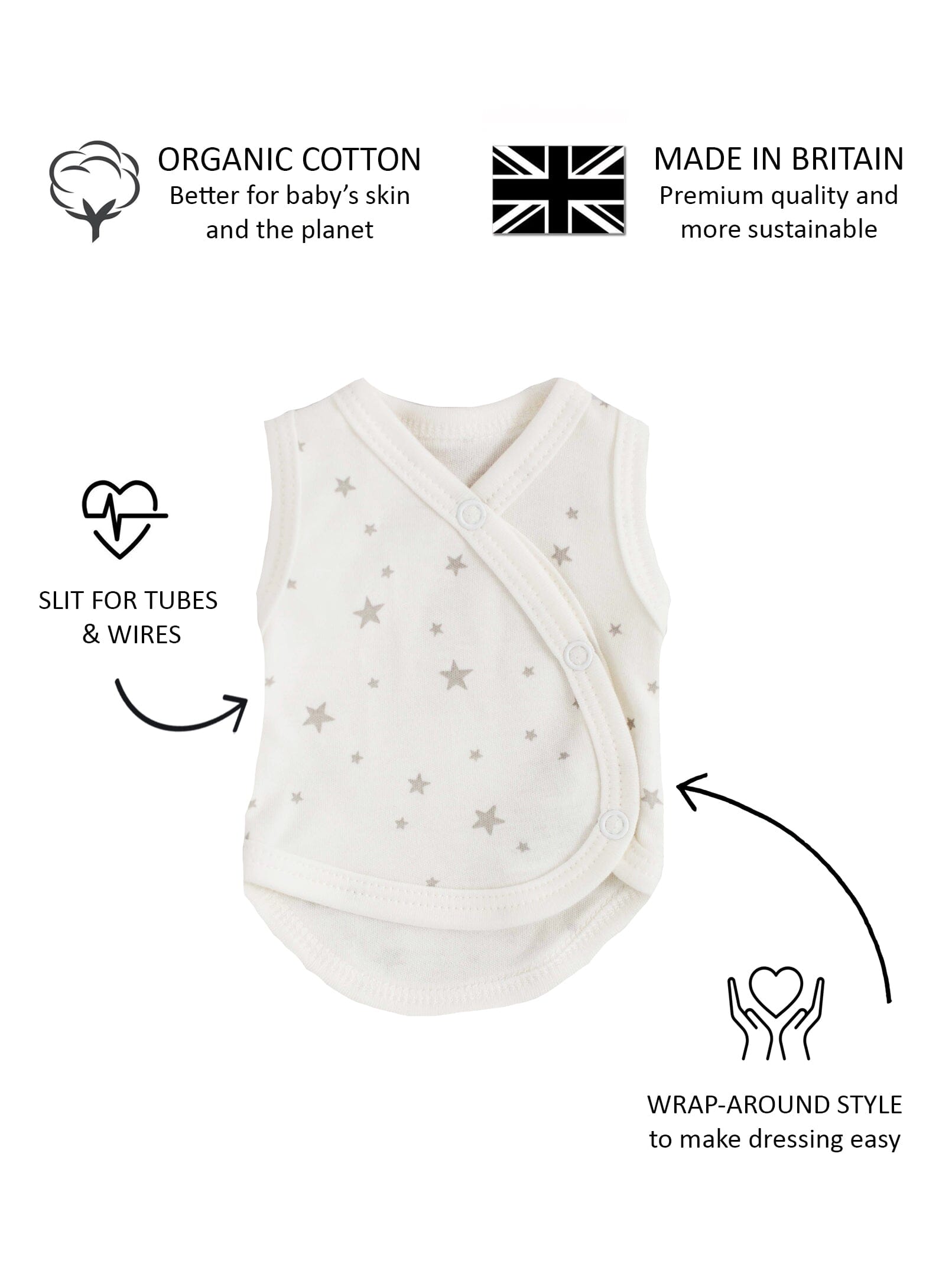 Incubator Vest, Silver Stars, Premium 100% Organic Cotton Bodysuit / Vest Tiny & Small 