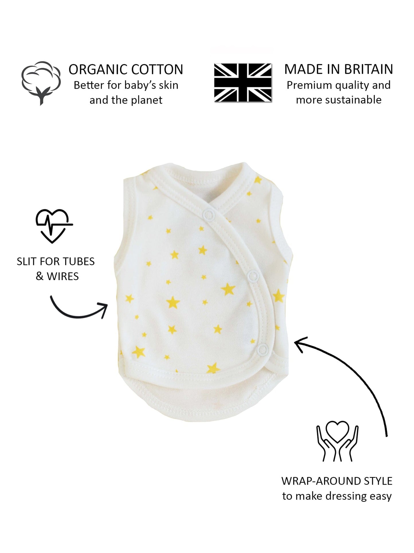 Incubator Vest, Yellow Stars, Premium 100% Organic Cotton Bodysuit / Vest Tiny & Small 