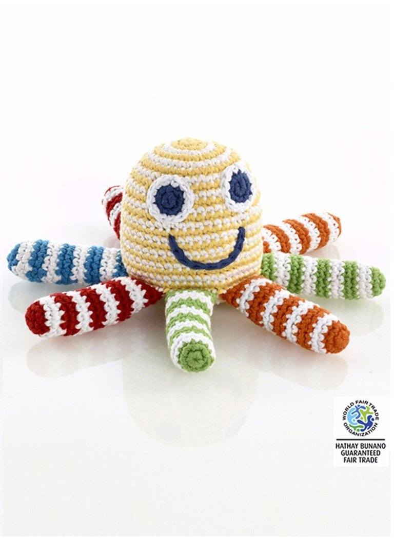 Crochet Octopus Rattle Toy - Organic, Yellow Rainbow Stripe Toy Pebble Toys 