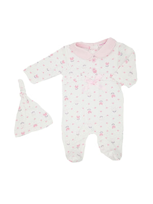 Premature Baby Girls All in One & Hat, Pink Hearts On White Sleepsuit / Babygrow Tiny Chick 