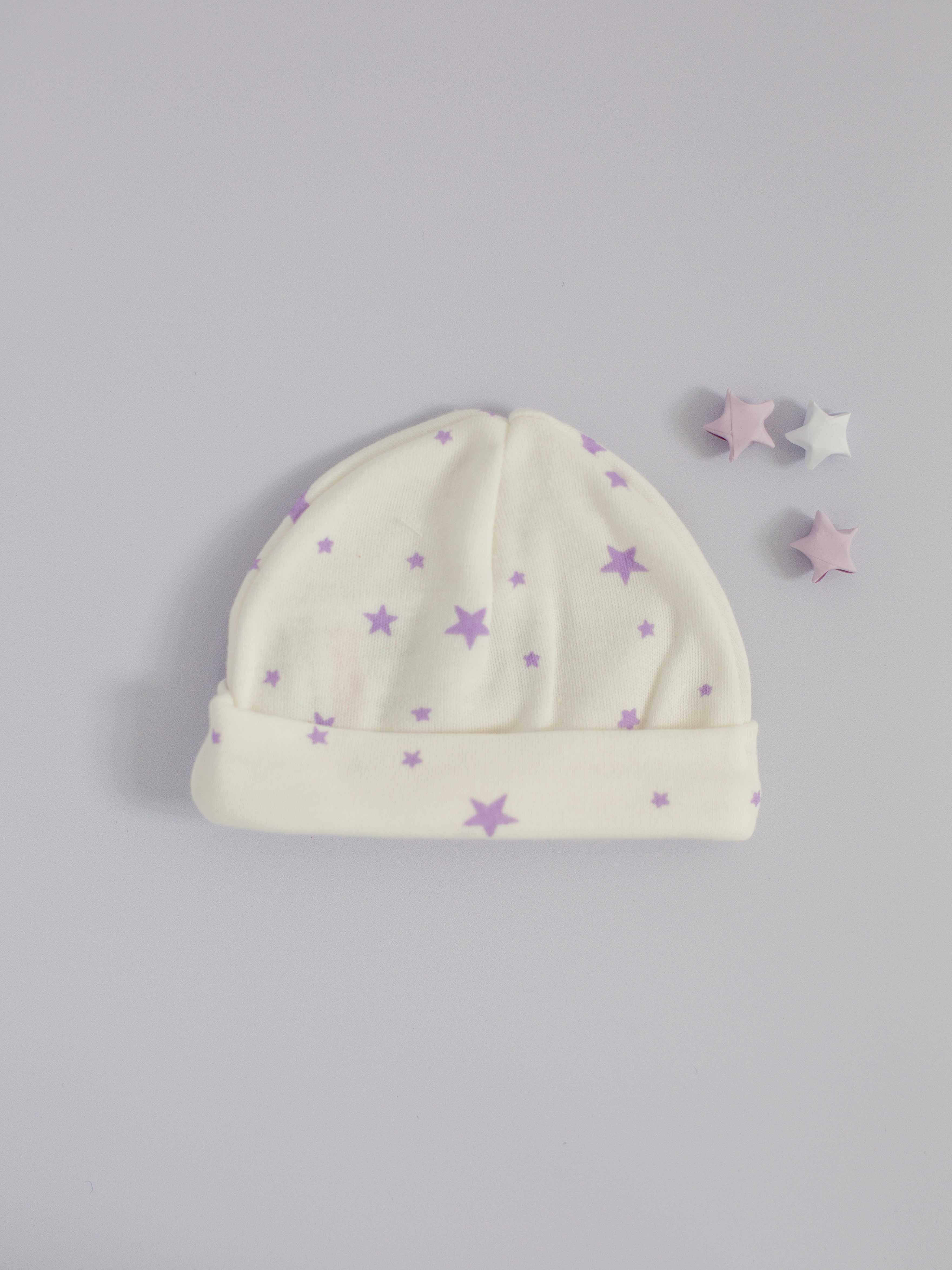 Round Premature Baby Hat, Purple Stars, Premium 100% Organic Cotton Hat Tiny & Small 