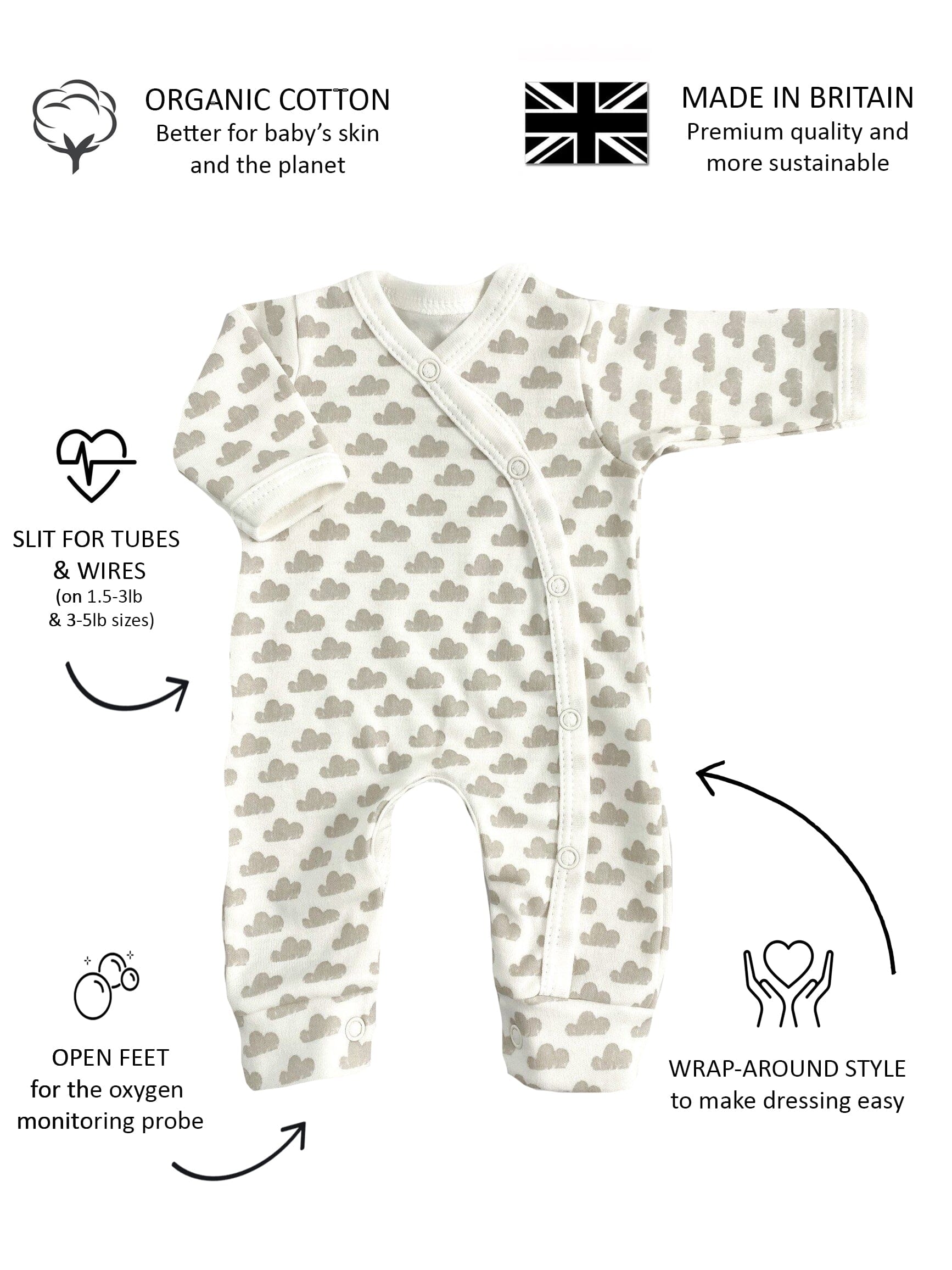 Premature Baby Sleepsuit, Silver Cloud, Premium 100% Organic Cotton Sleepsuit / Babygrow Tiny & Small 