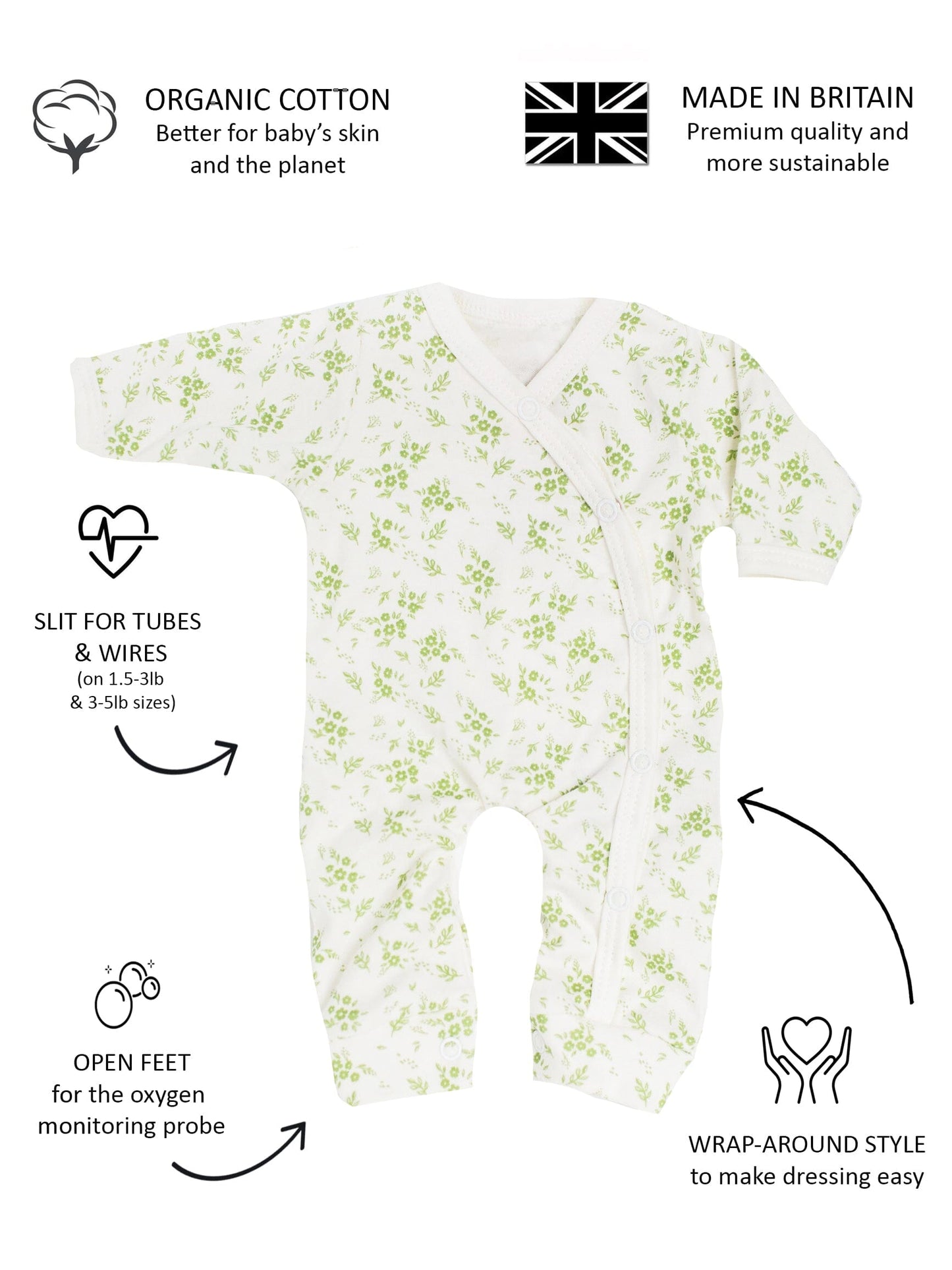 Preemie Girl Sleepsuit, Apple Floral, Premium 100% Organic Cotton Sleepsuit / Babygrow Tiny & Small 